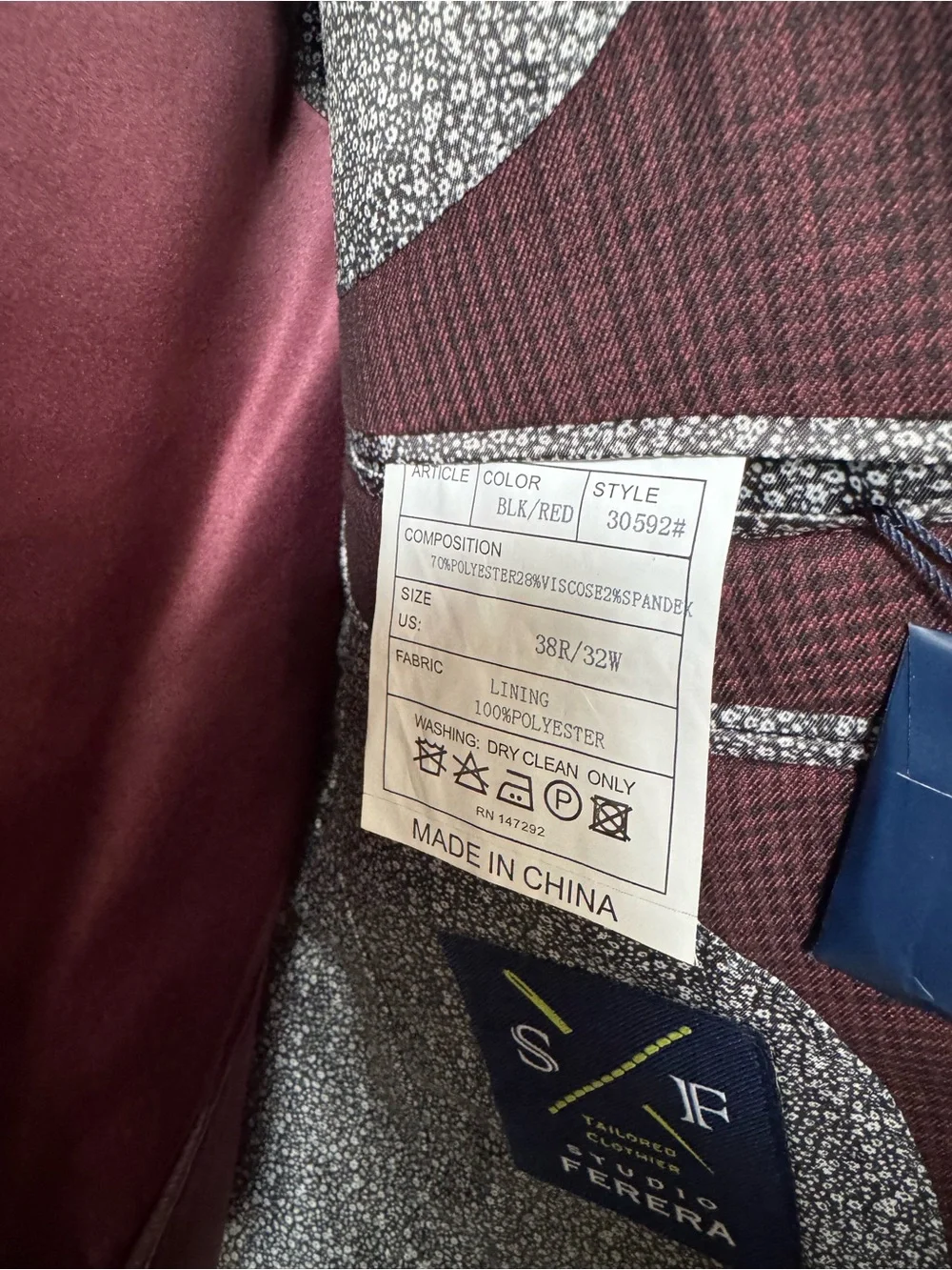 Ferera Burgundy 3 piece Suit Blazer 38R